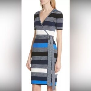 DVF Diane von Furstenberg Blue Oxford Stripe Knit Wrap Dress Size XS $468